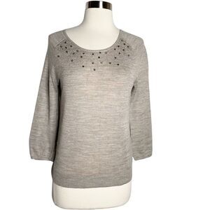 Loft Womens Embellished Sweater Top Size Small Tan 3/4 Sleeve
